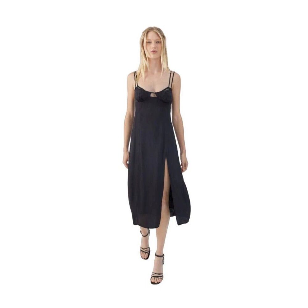 Urban Outfitters Dara Lace Trim Midi Dress Black-Size S
